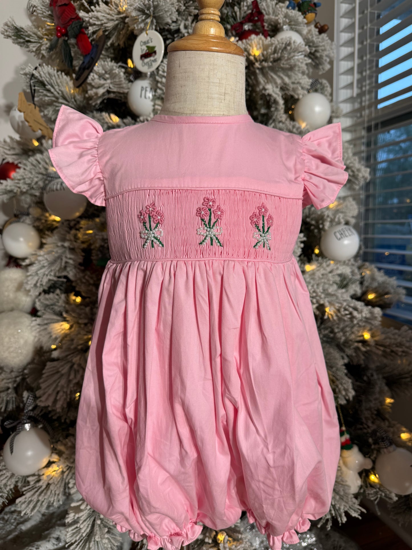Sweet Pink Hand Smocked Floral bubble with pearls