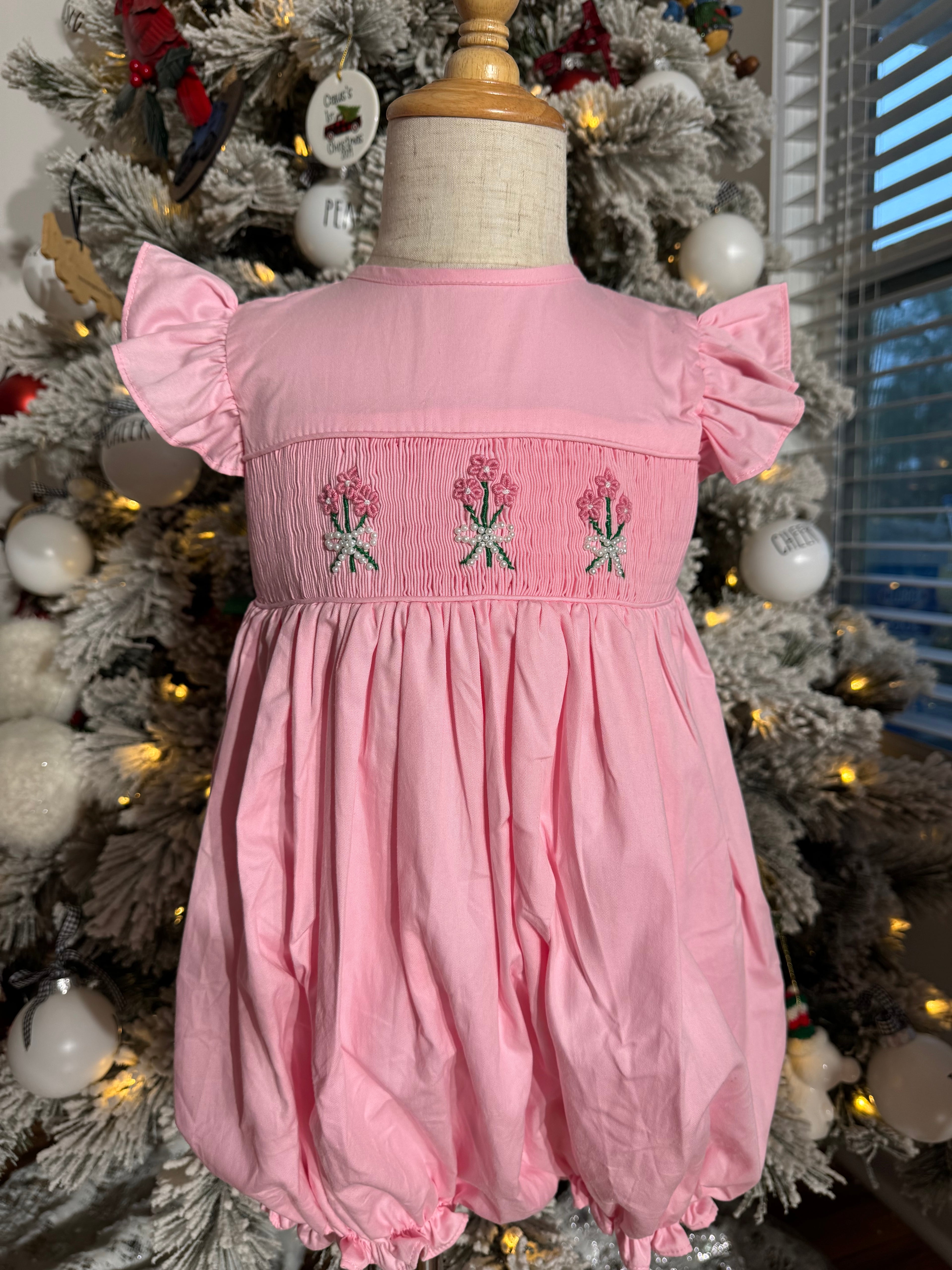 Sweet Pink Hand Smocked Floral bubble with pearls